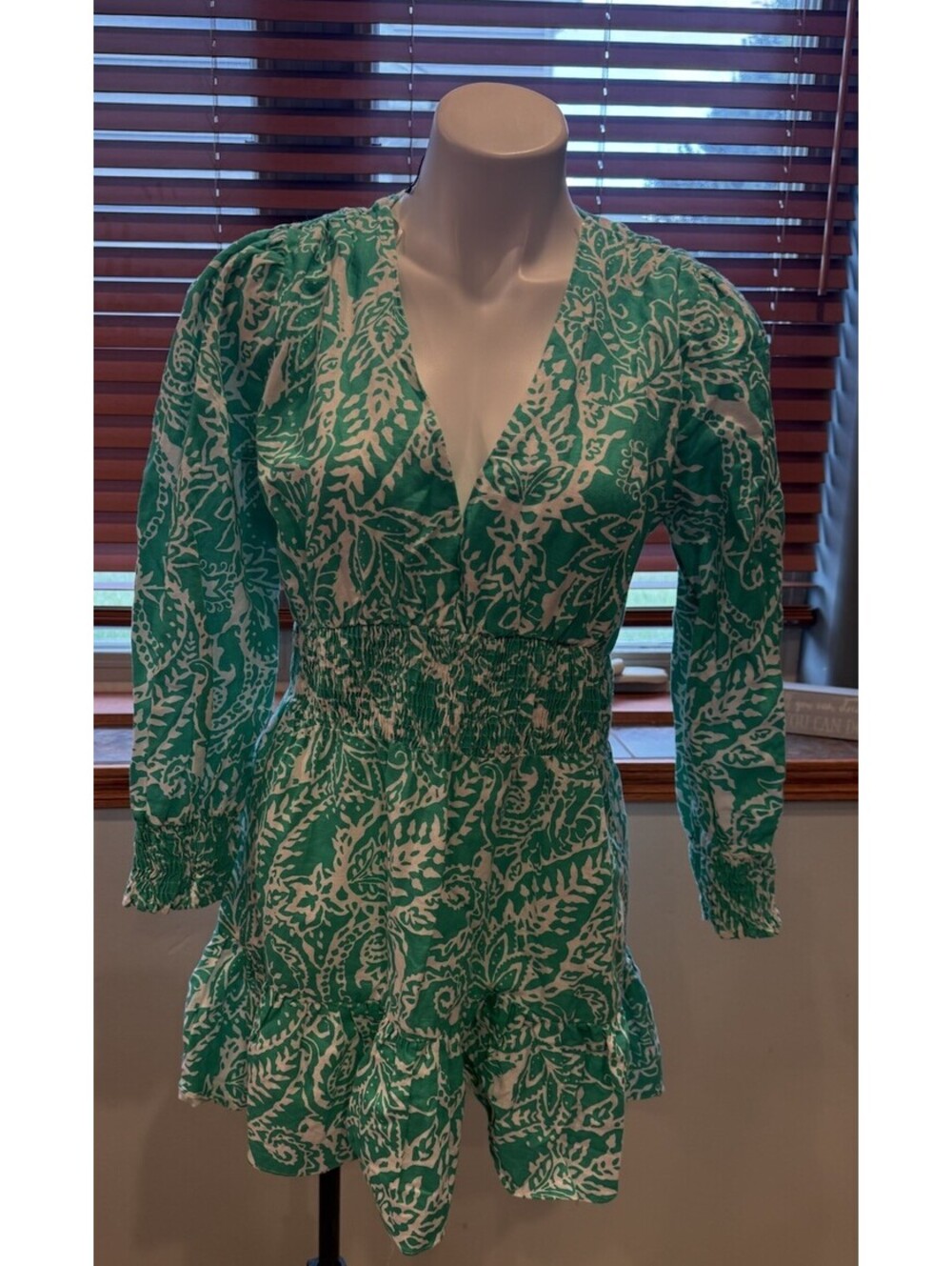 Zara Mini Dress Women M Green Paisley Linen Cotton Smocked Waist Ruffle Hem Boho